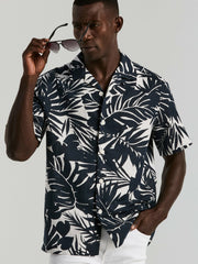 Tropical Leaf Print Camp Collar Shirt