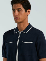 Cotton Tipped Ribbed Full Zip Sweater