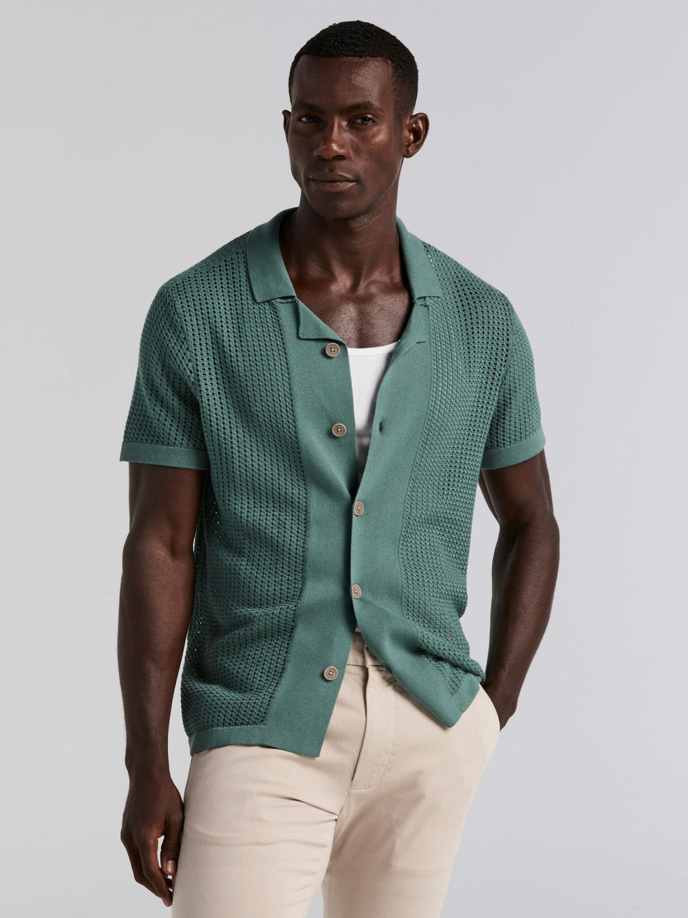 Cotton Jacquard Open Stitch Button Front Sweater