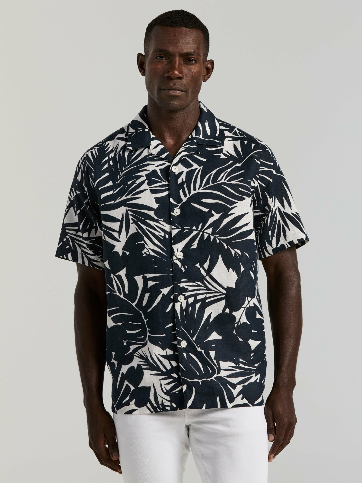 Tropical Leaf Print Camp Collar Shirt