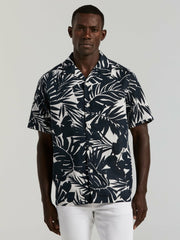 Tropical Leaf Print Camp Collar Shirt
