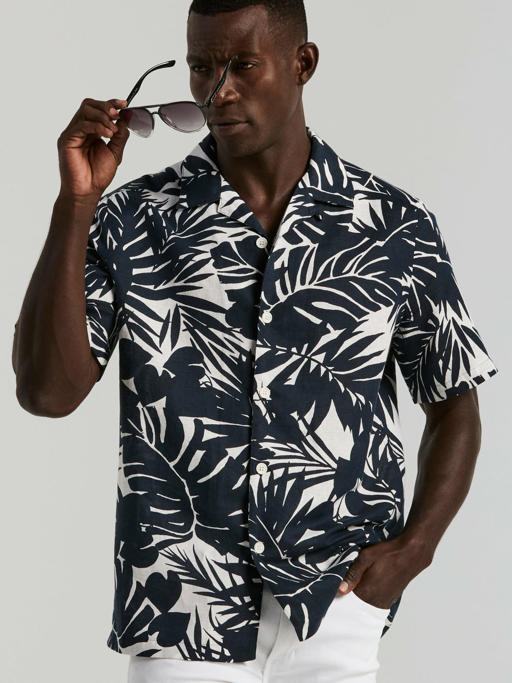 Tropical Leaf Print Camp Collar Shirt