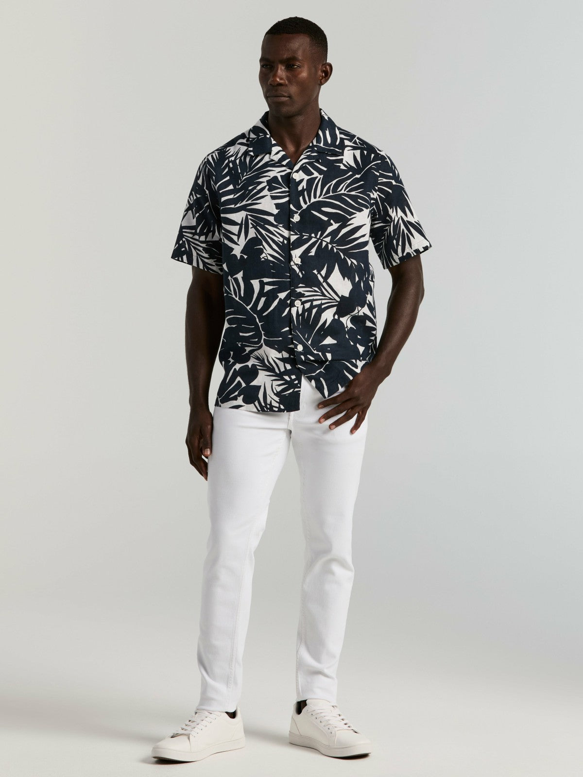 Tropical Leaf Print Camp Collar Shirt