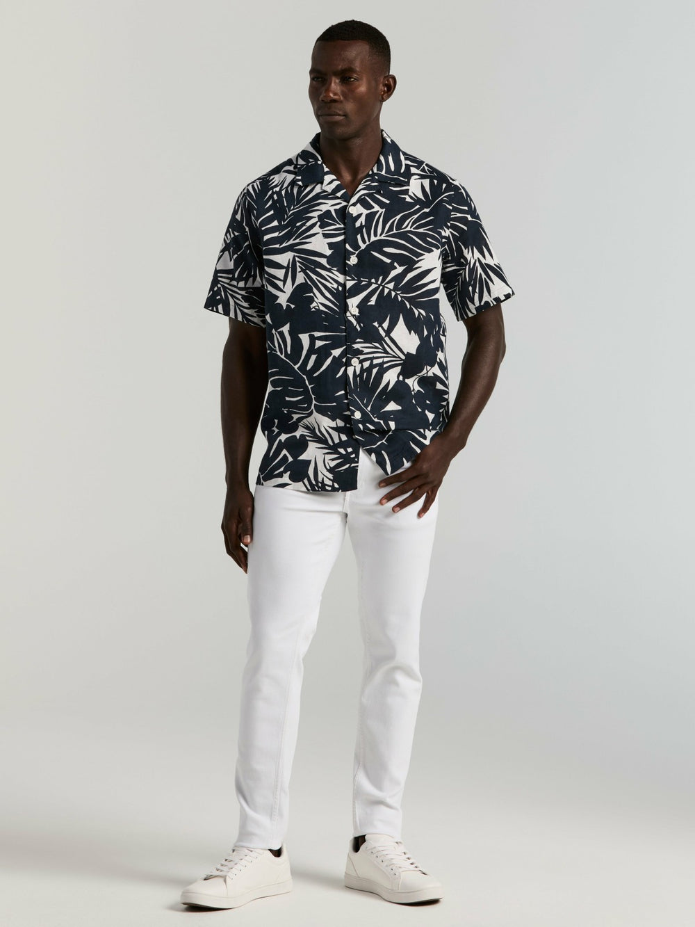 Tropical Leaf Print Camp Collar Shirt