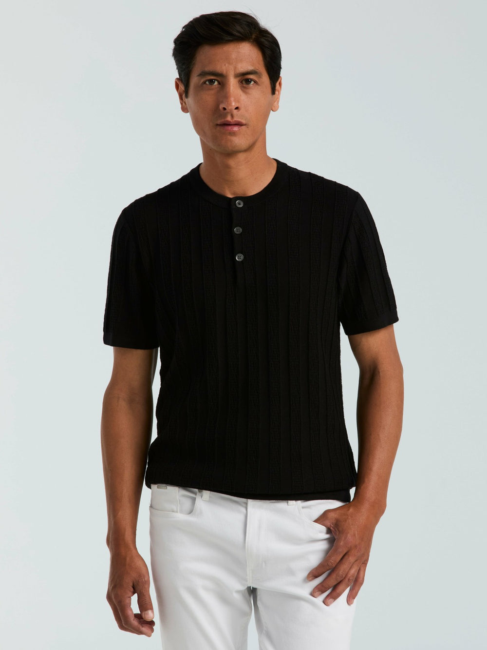 Cotton Textured Striped Button Crew Neck Sweater