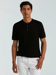 Cotton Textured Striped Button Crew Neck Sweater
