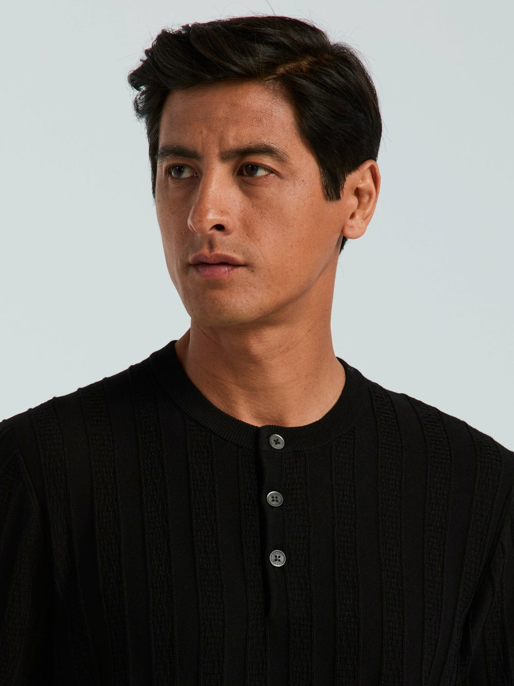 Cotton Textured Striped Button Crew Neck Sweater