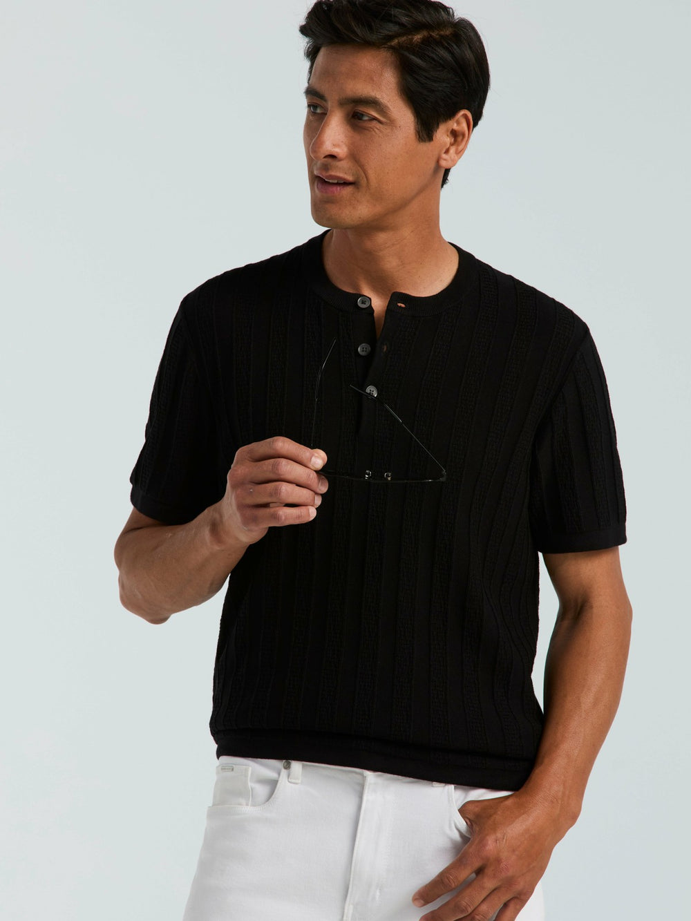 Cotton Textured Striped Button Crew Neck Sweater