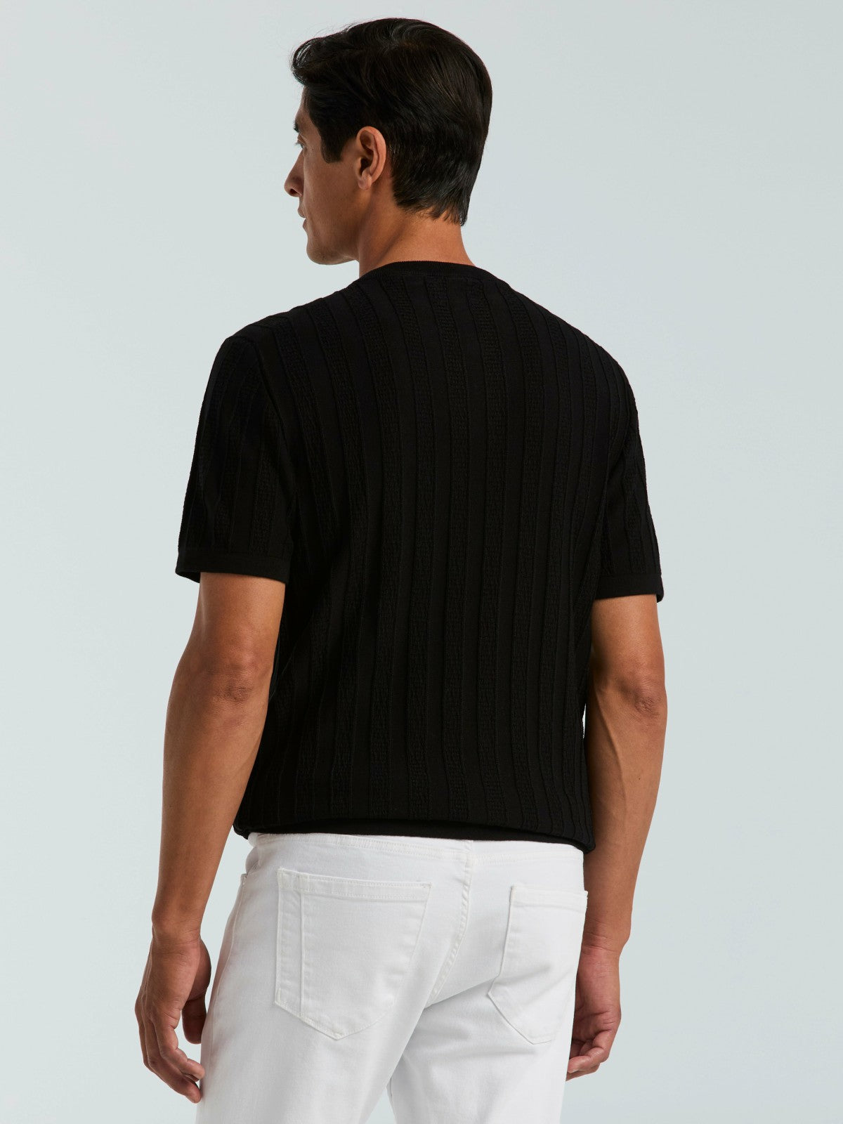 Cotton Textured Striped Button Crew Neck Sweater