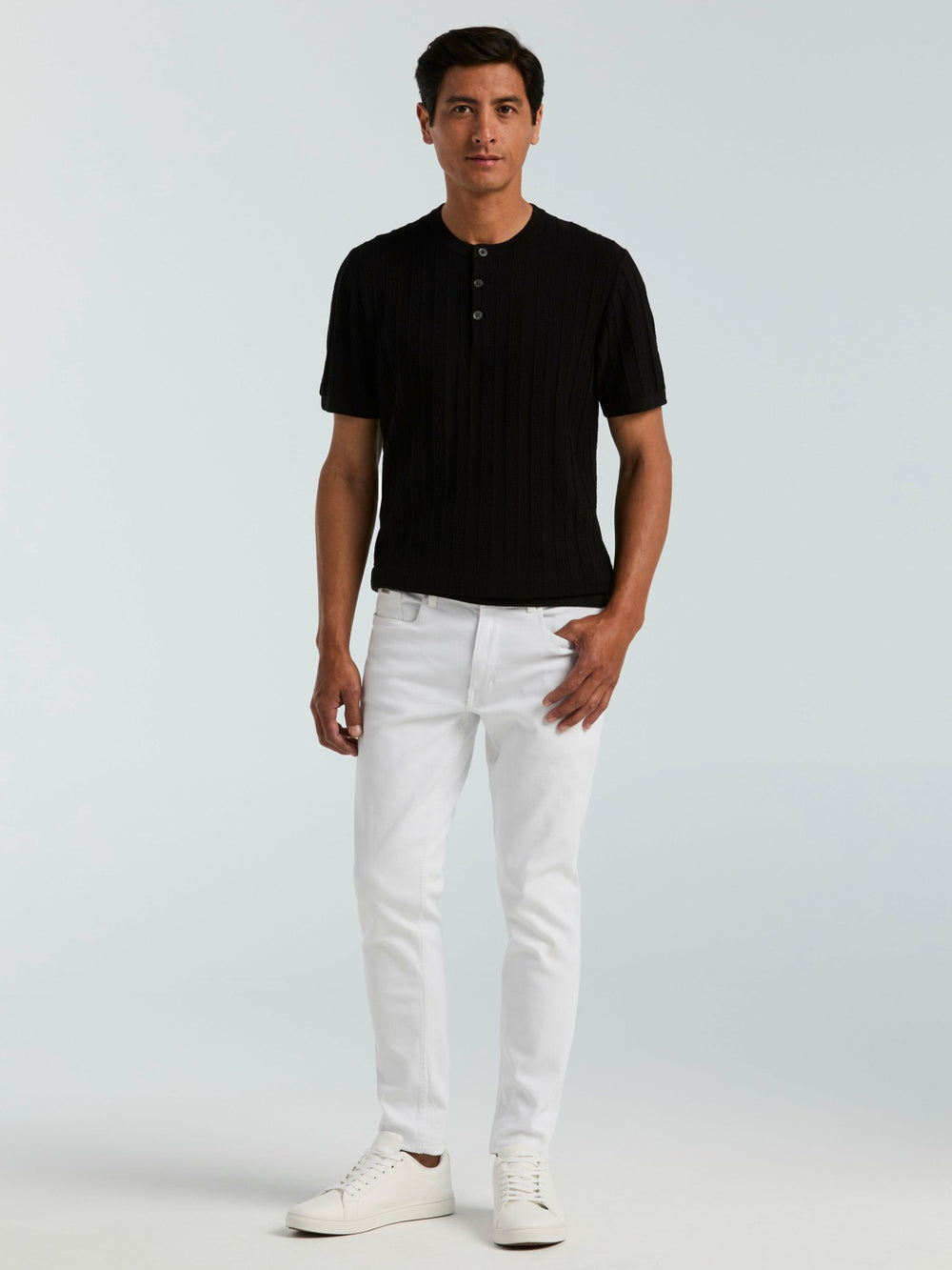 Cotton Textured Striped Button Crew Neck Sweater
