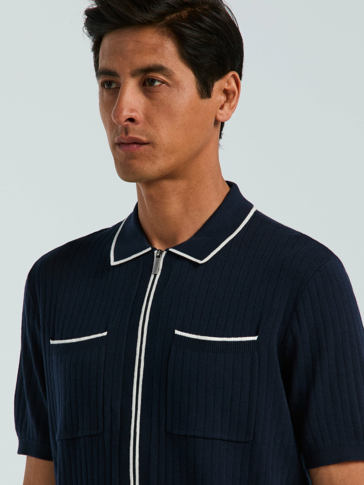 Cotton Tipped Ribbed Full Zip Sweater
