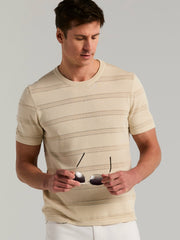 Cotton Mesh Striped Crew Neck Sweater Tee