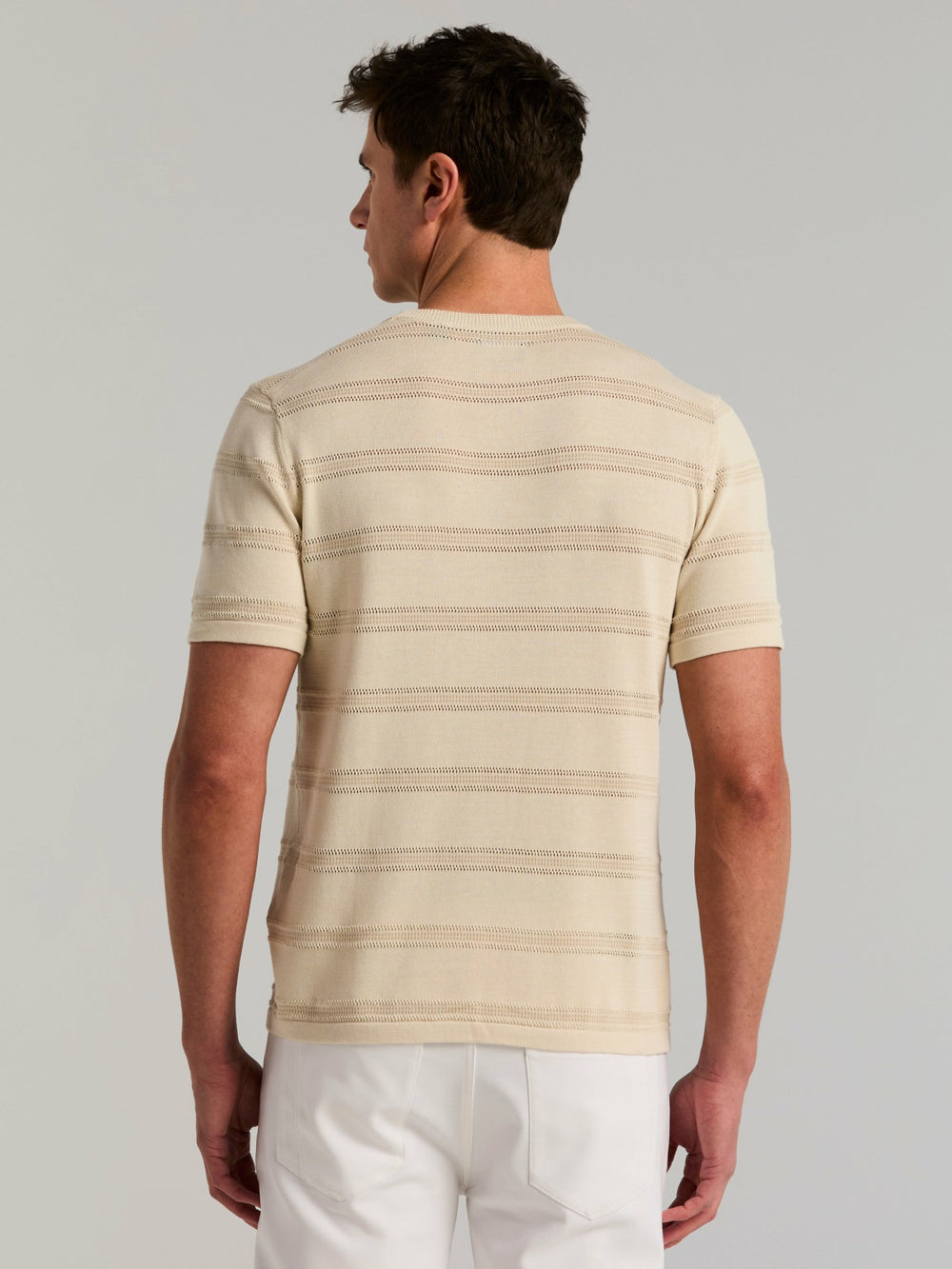 Cotton Mesh Striped Crew Neck Sweater Tee
