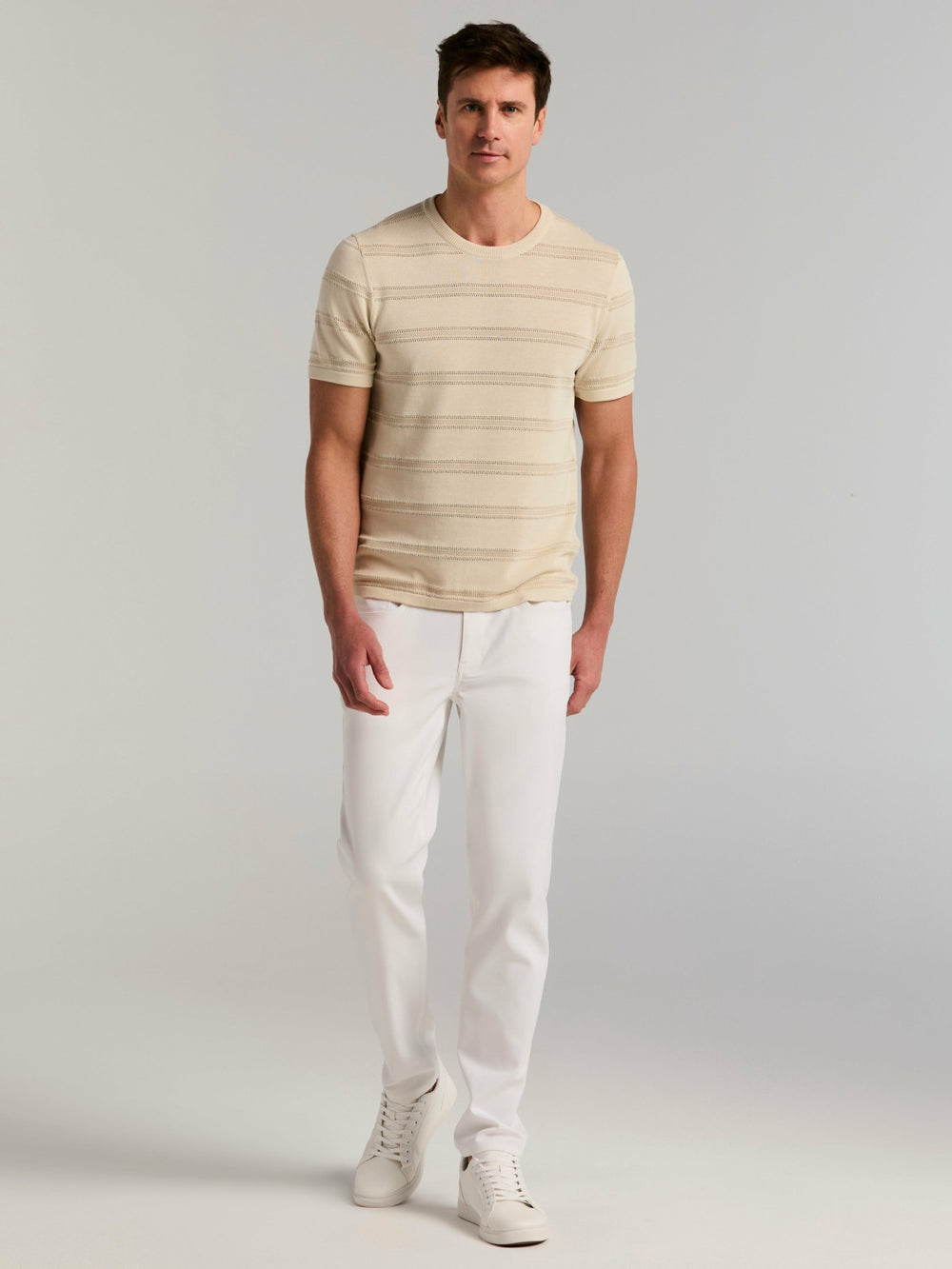 Cotton Mesh Striped Crew Neck Sweater Tee