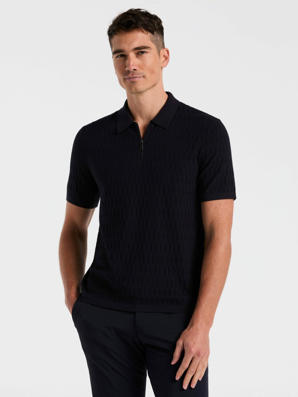 Geometric Pattern Zip Polo Sweater