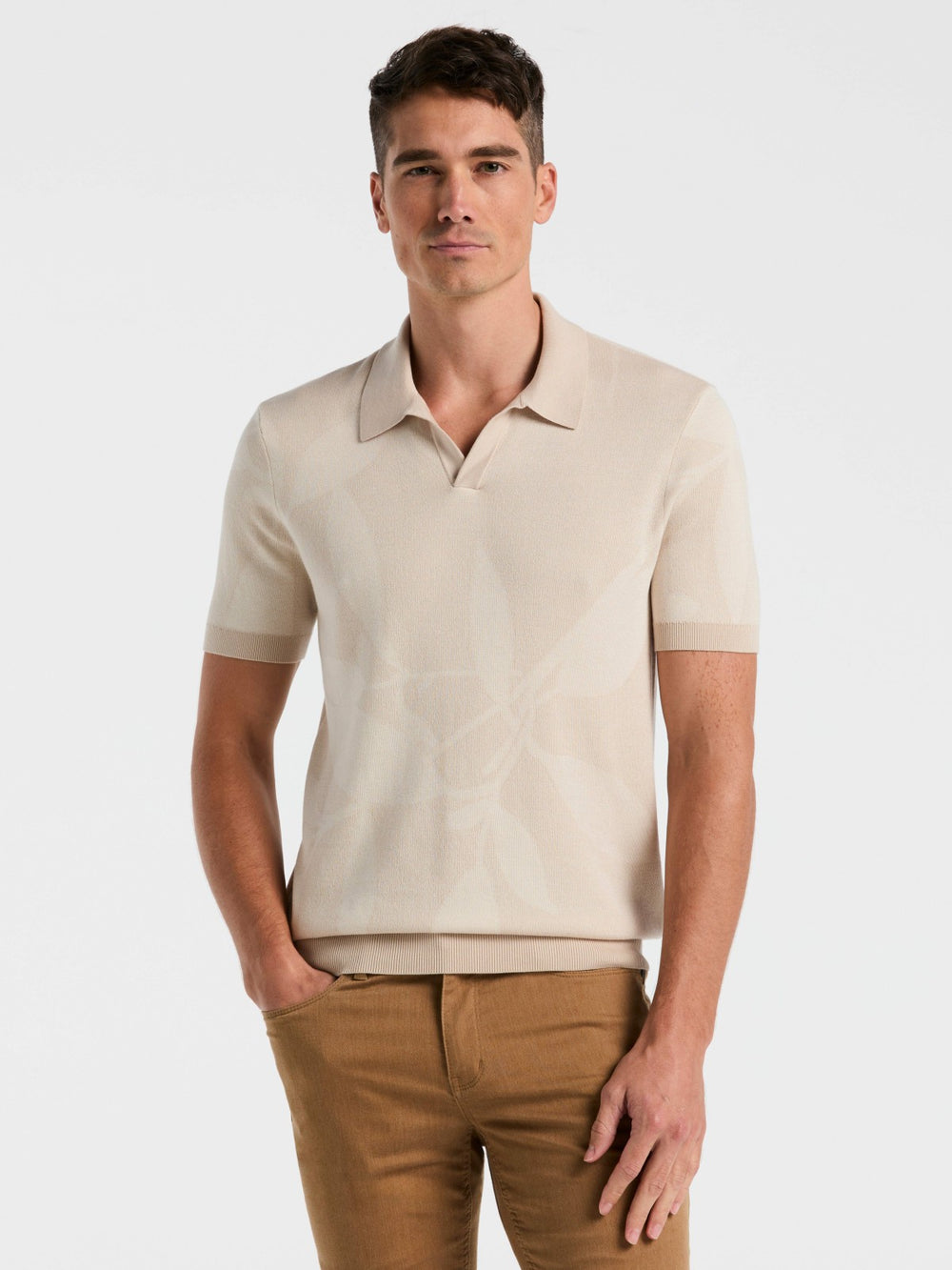 Leaf Print Open Collar Sweater Polo