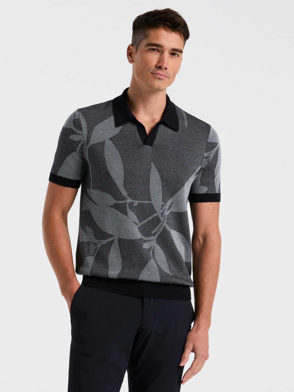 Leaf Print Open Collar Sweater Polo