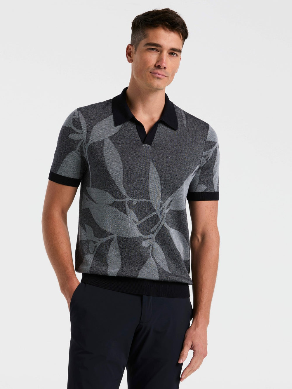 Leaf Print Open Collar Sweater Polo