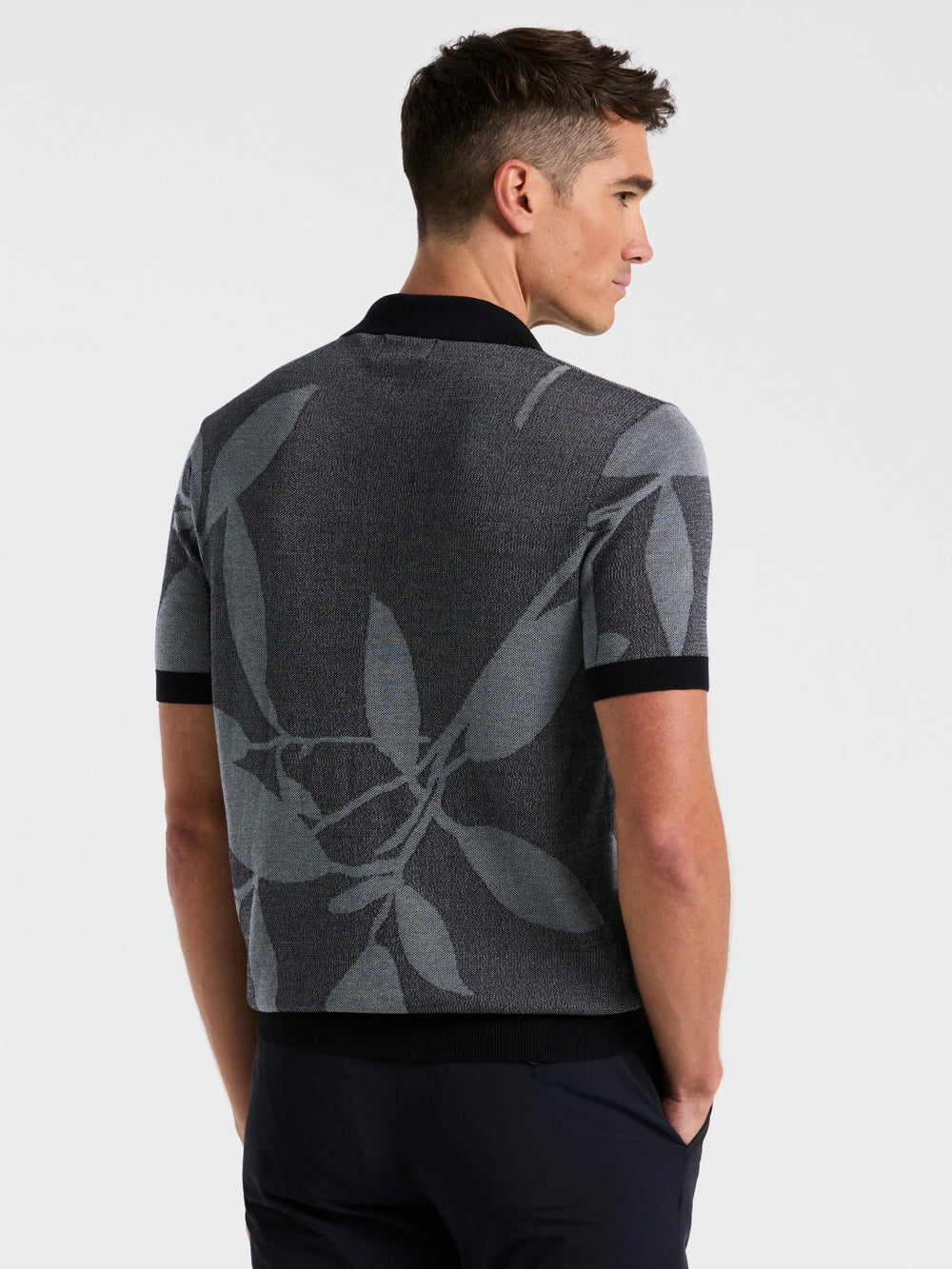 Leaf Print Open Collar Sweater Polo