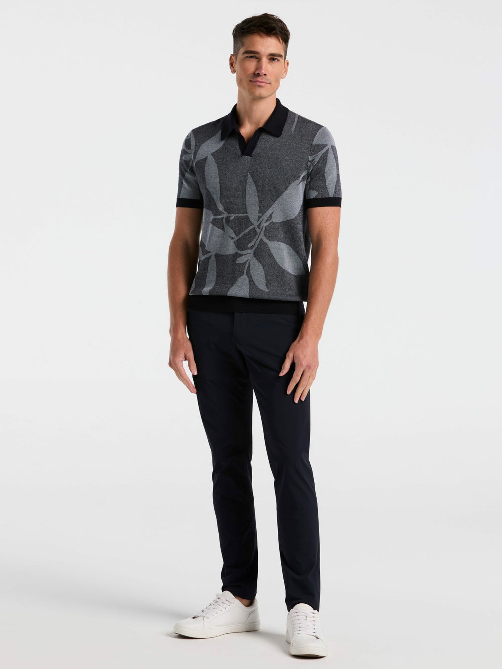 Leaf Print Open Collar Sweater Polo