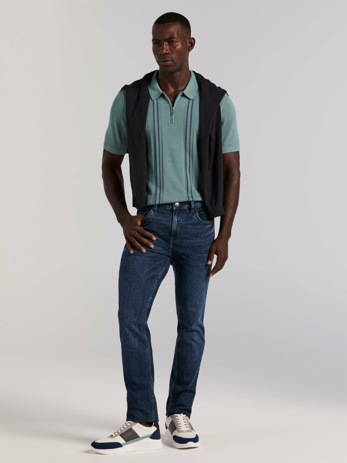Cotton Modal Striped Zip Sweater Polo