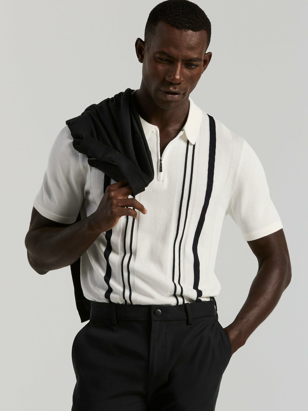 Cotton Modal Striped Zip Sweater Polo
