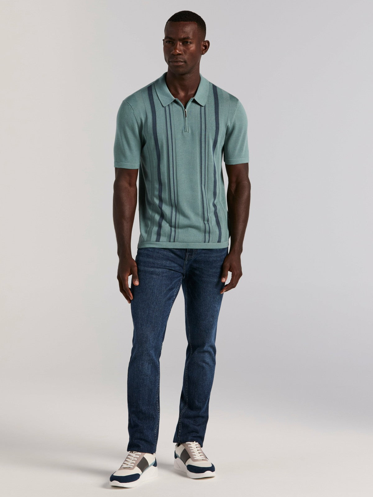 Cotton Modal Striped Zip Sweater Polo