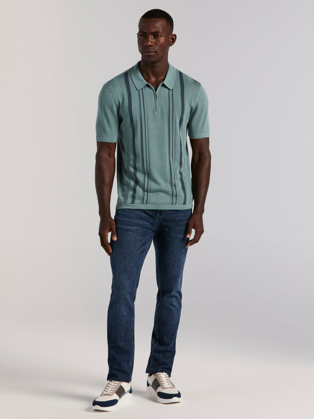 Cotton Modal Striped Zip Sweater Polo