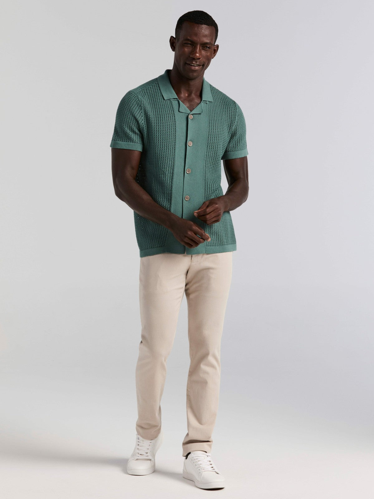 Cotton Jacquard Open Stitch Button Front Sweater