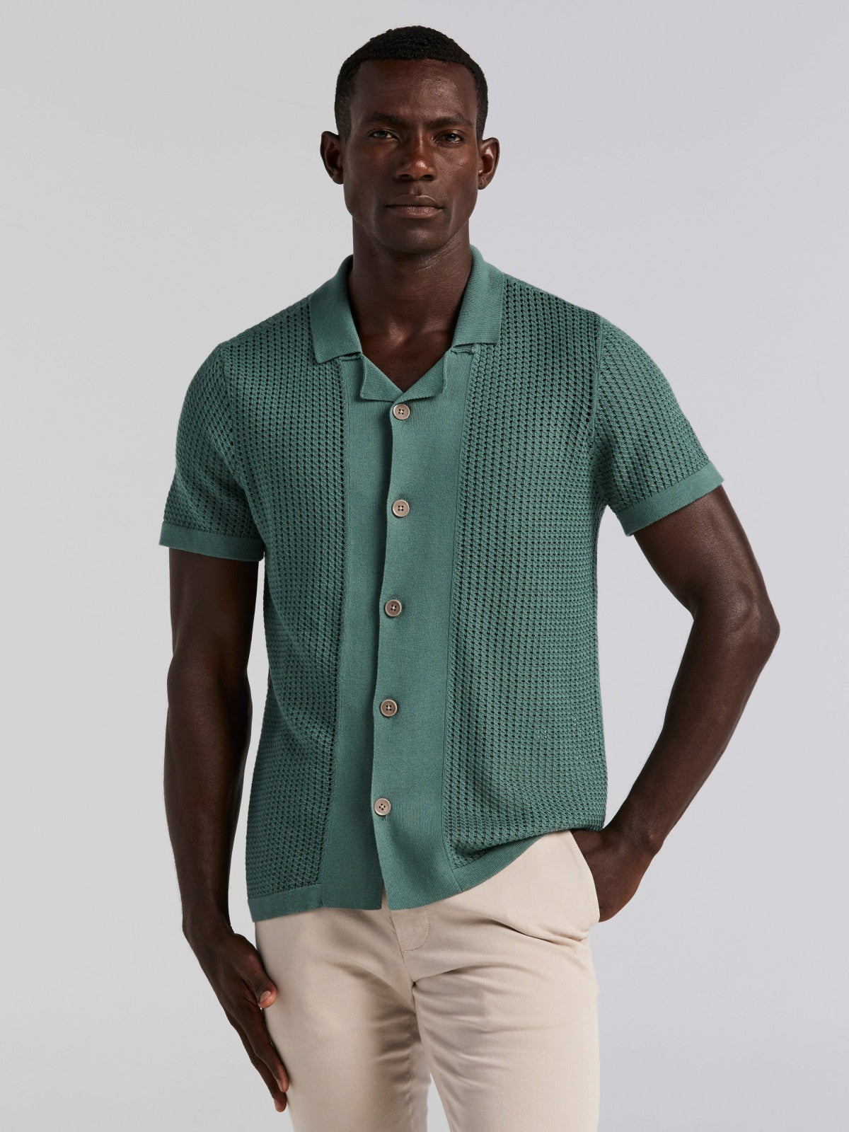 Cotton Jacquard Open Stitch Button Front Sweater
