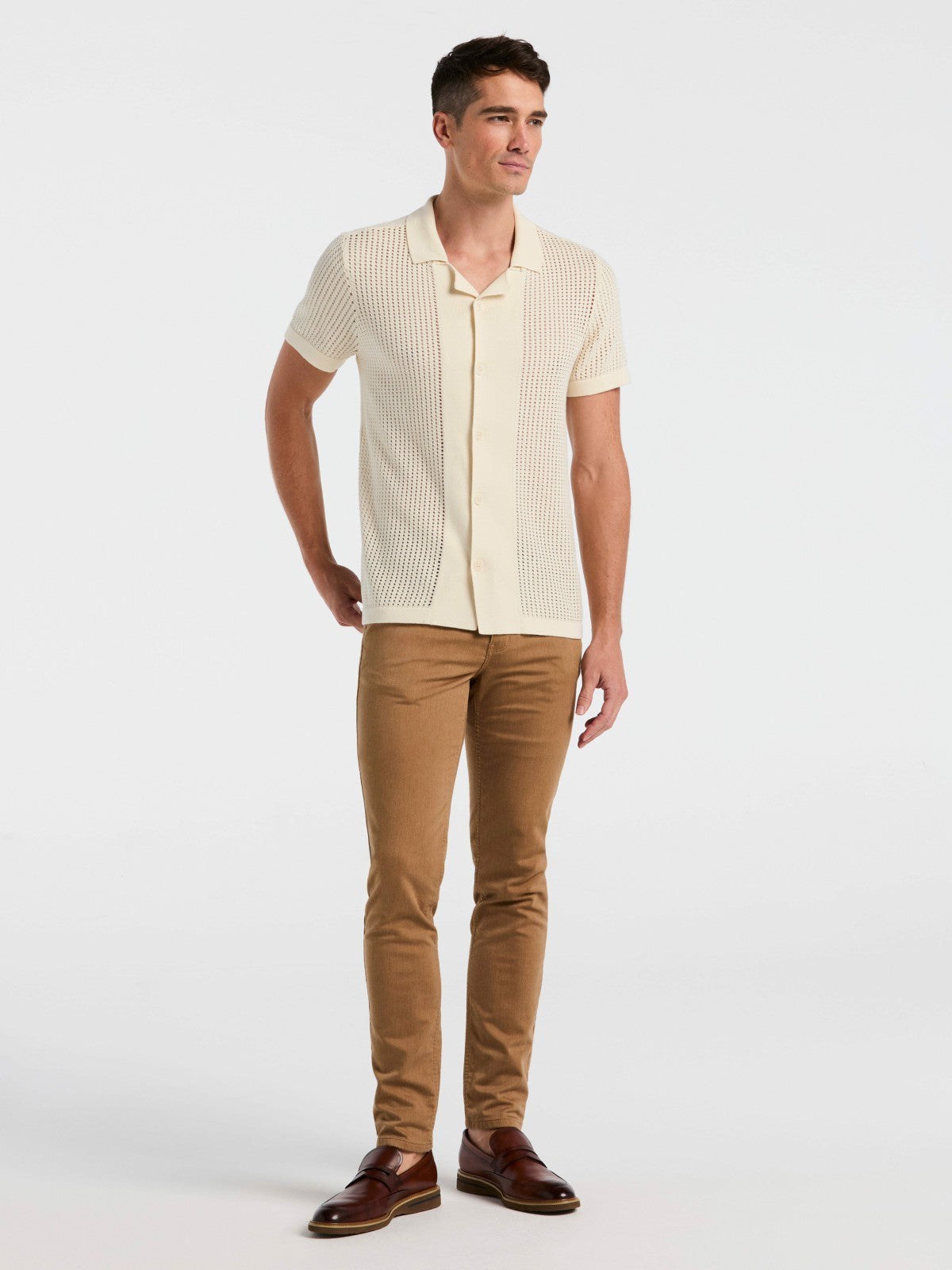 Cotton Jacquard Open Stitch Button Front Sweater