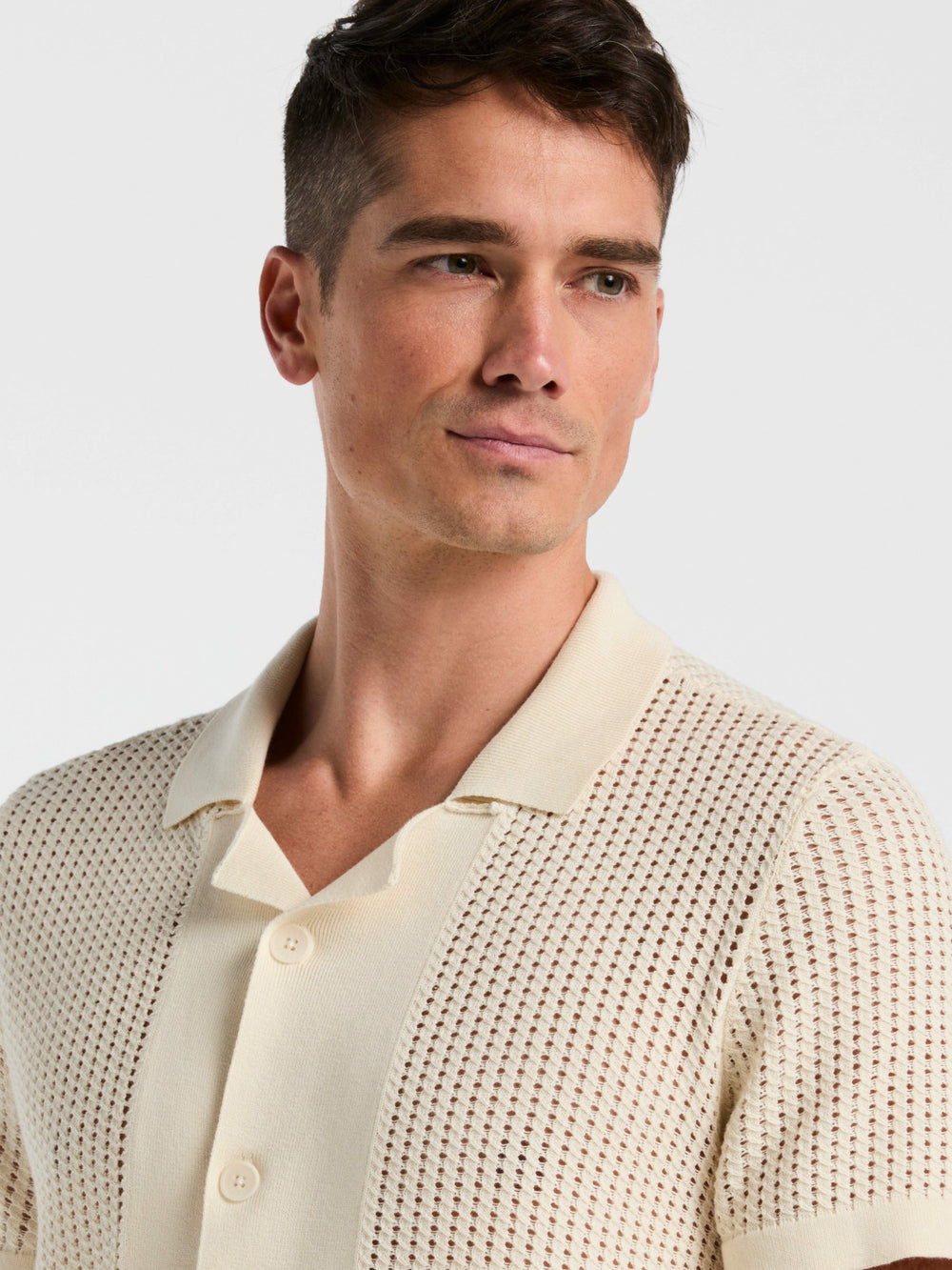 Cotton Jacquard Open Stitch Button Front Sweater