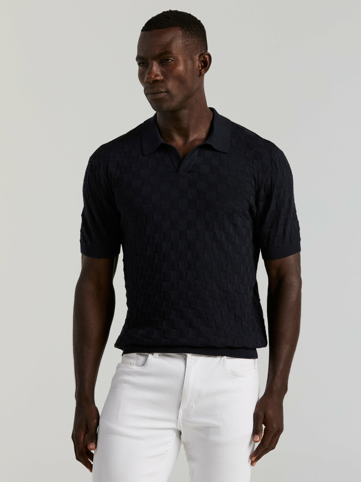 Square Pattern Open Collar Polo